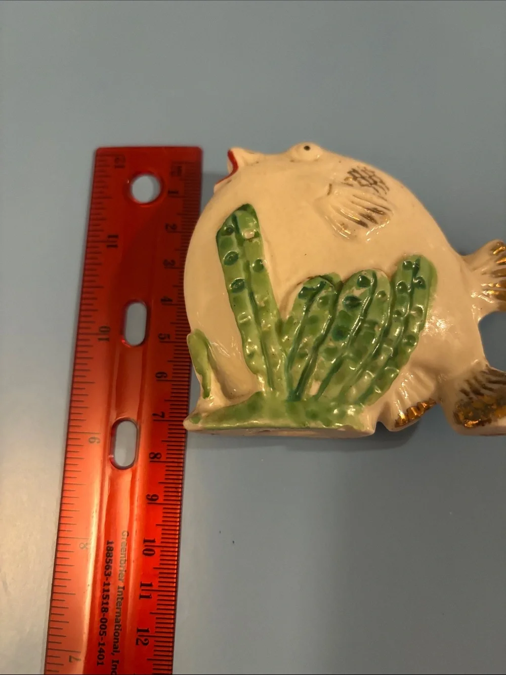 VINTAGE,Ceramic Puffer Fish Figurine - White with Green Accent